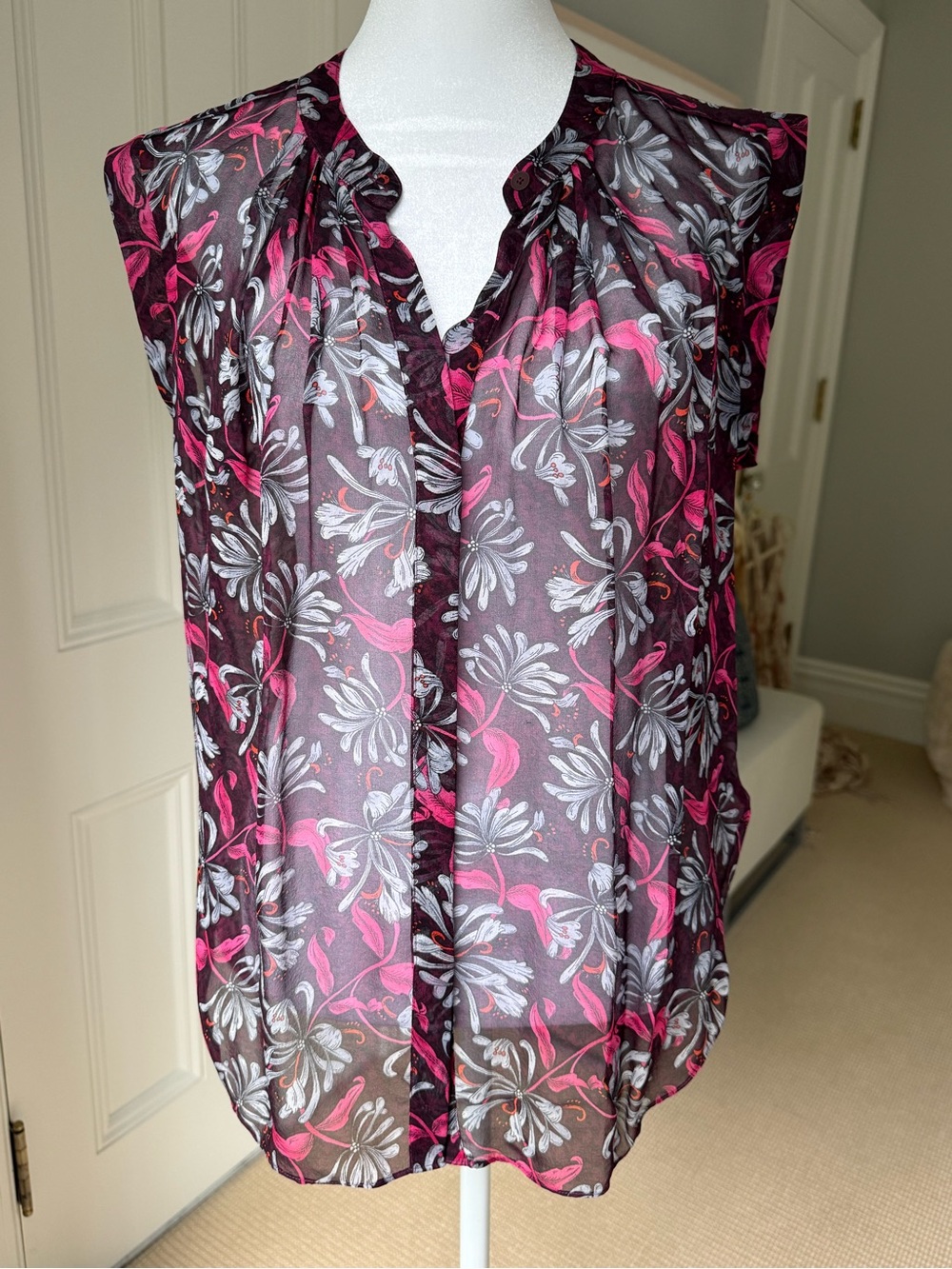 Rebecca Taylor Sheer Floral Sleeveless Blouse in Pink & Black